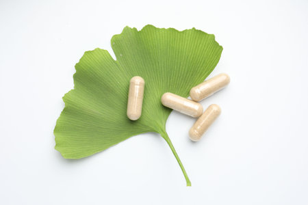 Ginkgo biloba leaf and pills on white background, flat layの写真素材