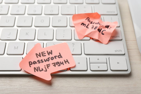 Changing password. Paper notes with new and old passwords and keyboard on light wooden table,...