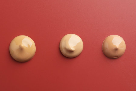 Samples of foundation on red background, flat lay