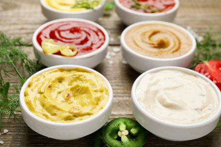 Different sauces and herbs on wooden table, closeup