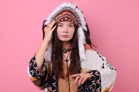 Shaman woman in native American Indian headdress on pink background