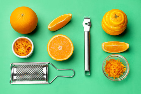 Orange zest, fresh fruits, grater and zester tool on turquoise background, flat lay