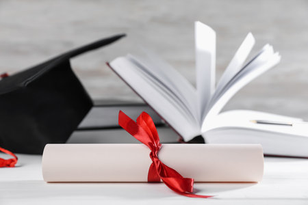 Diploma, graduation hat and books on white wooden table, closeupの写真素材