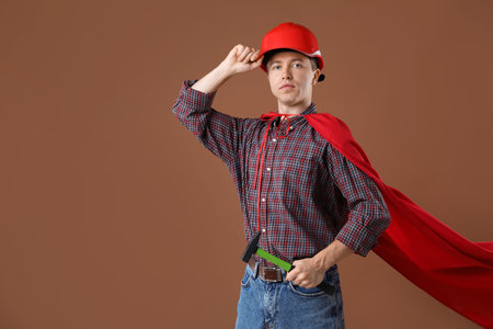 Builder with hammer wearing hardhat and superhero cape on brown backgroundの写真素材