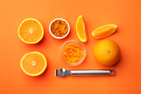 Orange zest, fresh fruits and zester tool on color background, flat layの写真素材