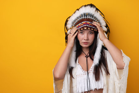 Shaman woman in native American Indian headdress on orange background, space for text