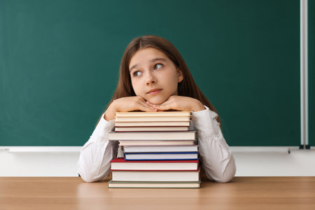 Back to school. Student with books at wooden desk against chalkboard indoorsの写真素材
