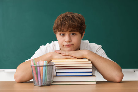 Back to school. Student with books and stationery at wooden desk against chalkboard indoors