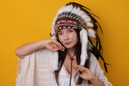 Shaman woman in headdress on orange background