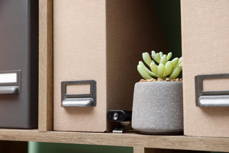 Hidden spy camera, plant and folders on shelf indoors, closeupの写真素材