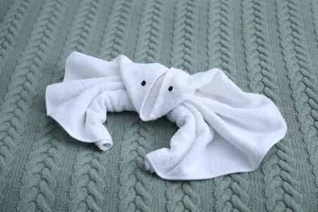Cute crab made with towel on bed, closeupの写真素材