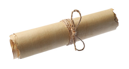 Scroll of old parchment paper isolated on whiteの写真素材