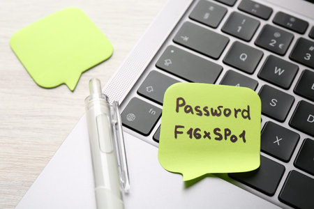 Paper note with password, laptop and pen on table, closeup
