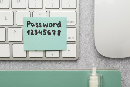 Paper note with password, computer keyboard, mouse and stationery on gray table, flat layの写真素材