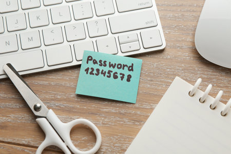 Paper note with password, computer keyboard, mouse and stationery on wooden table, flat layの写真素材