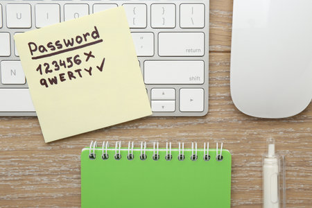 Changing password. Sticky note with weak and strong passcodes, computer keyboard, mouse and stationery on wooden table, flat layの写真素材