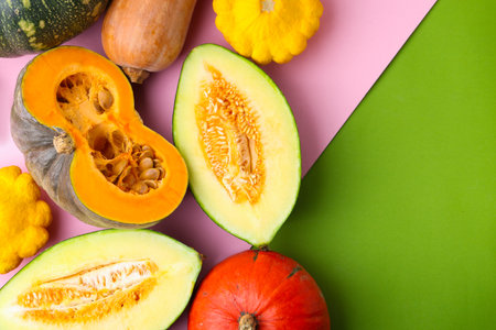Many fresh pumpkins and other gourds on color background, flat lay. Space for textの写真素材