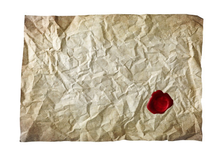 Old parchment paper with wax seal isolated on whiteの写真素材