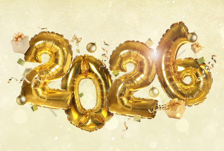 Happy New 2026 Year. Golden balloons in shape of numbers, gift boxes and festive decor against beige...