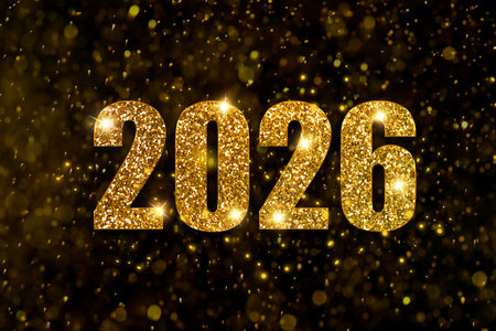 Happy New Year card. Sparkling golden numbers 2026 against black background, bokeh lights