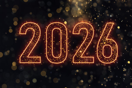 Happy New Year card. Numbers 2026 against black background, bokeh lights