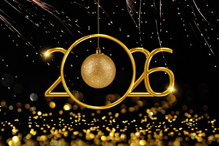 Happy New Year card. Golden numbers 2026 with Christmas ball against black background, bokeh lights