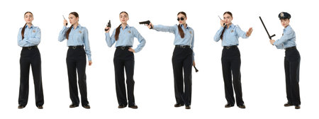 Policewoman in uniform on white background. Collage of different portraits