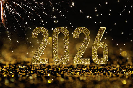 Happy New Year card. Golden numbers 2026 against black background, bokeh lights