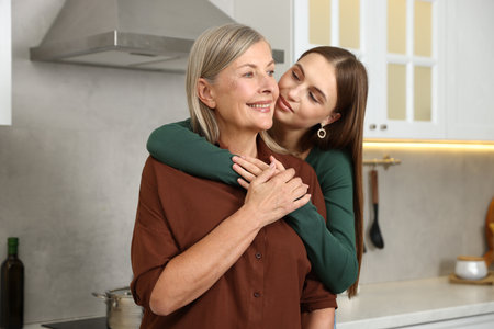 Daughter hugging her mother in kitchen. Family bondingの写真素材
