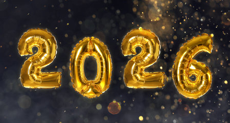 Golden balloons in shape of numbers against dark background, bokeh lights. Greeting or invitation card designの写真素材