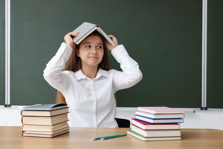 Back to school. Student with books at wooden desk against chalkboard indoorsの写真素材