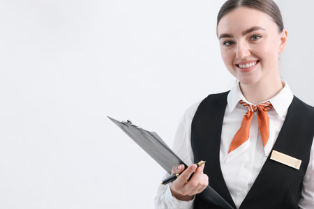 Happy receptionist with clipboard and pen near white wall indoors, space for textの写真素材