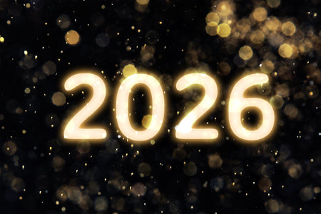 Happy New Year card. Glowing numbers 2026 against black background, bokeh lights