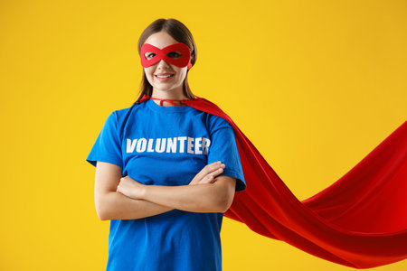 Volunteer wearing superhero costume on yellow backgroundの写真素材
