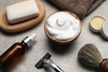 Different barber's tools on gray background, closeupの写真素材