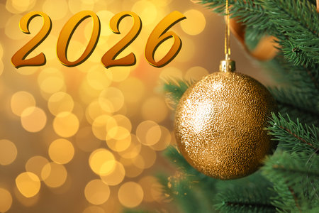 Happy New Year 2026 greeting card. Christmas tree with golden ball against blurred lights, bokeh effectの写真素材
