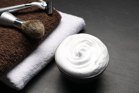 Different barber's tools on black background, closeupの写真素材