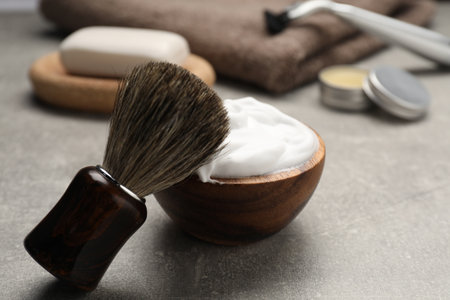 Different barber's tools on gray background, closeupの写真素材