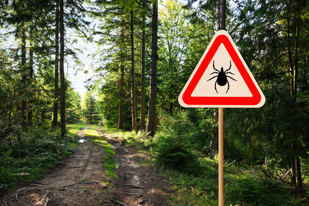 Warning sign marking habitat of ticks in forestの写真素材