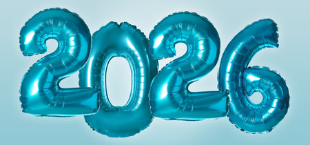 Happy New 2026 Year. Shiny balloons in shape of numbers on light blue backgroundの写真素材