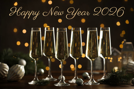 Happy New Year 2026 greeting card with glasses of sparkling wine and Christmas decor on dark...