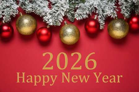 Happy New Year 2026 greeting card with Christmas balls and fir tree branches on red background