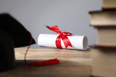 Graduation cap, diploma and books on wooden table, selective focusの写真素材