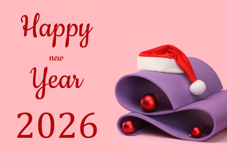 Happy New Year 2026 greeting card with Santa Claus, Christmas balls hat and yoga mat on pink...
