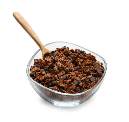 Tasty granola with chocolate chips isolated on whiteの写真素材
