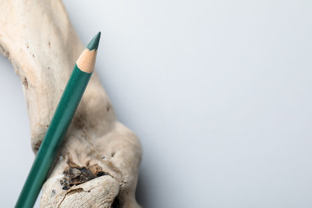 One eye pencil and wooden snag on light background, closeup. Space for textの写真素材