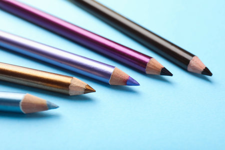 Pencils on light blue background, closeupの写真素材