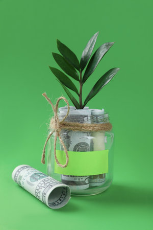 Jar with blank note, money and sprout on green backgroundの写真素材