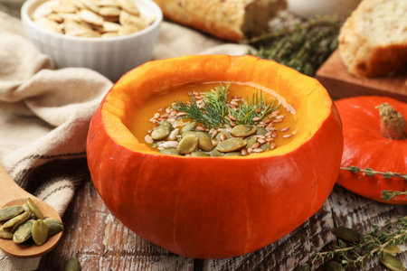 Tasty pumpkin cream soup with seeds, dill and thyme on color wooden table, closeupの写真素材