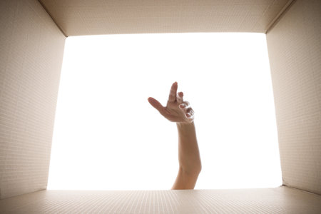 Woman reaching into cardboard box against white background, closeup. View from inside packageの写真素材